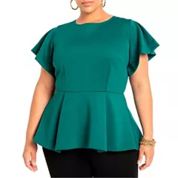 Eloquii Forest Green Flutter Sleeve Peplum Top - Picture 1 of 9